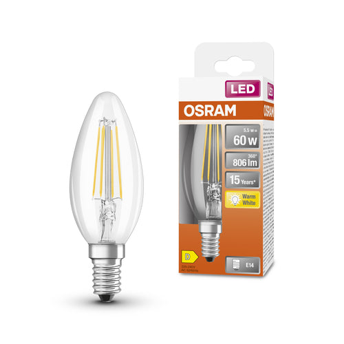 OSRAM Lampe LED filament avec culot E14, forme de bougie, blanc chaud (2700K), 6W, remplacement d&rsquo;une ampoule de 60W, LED Retrofit CLASSIC B