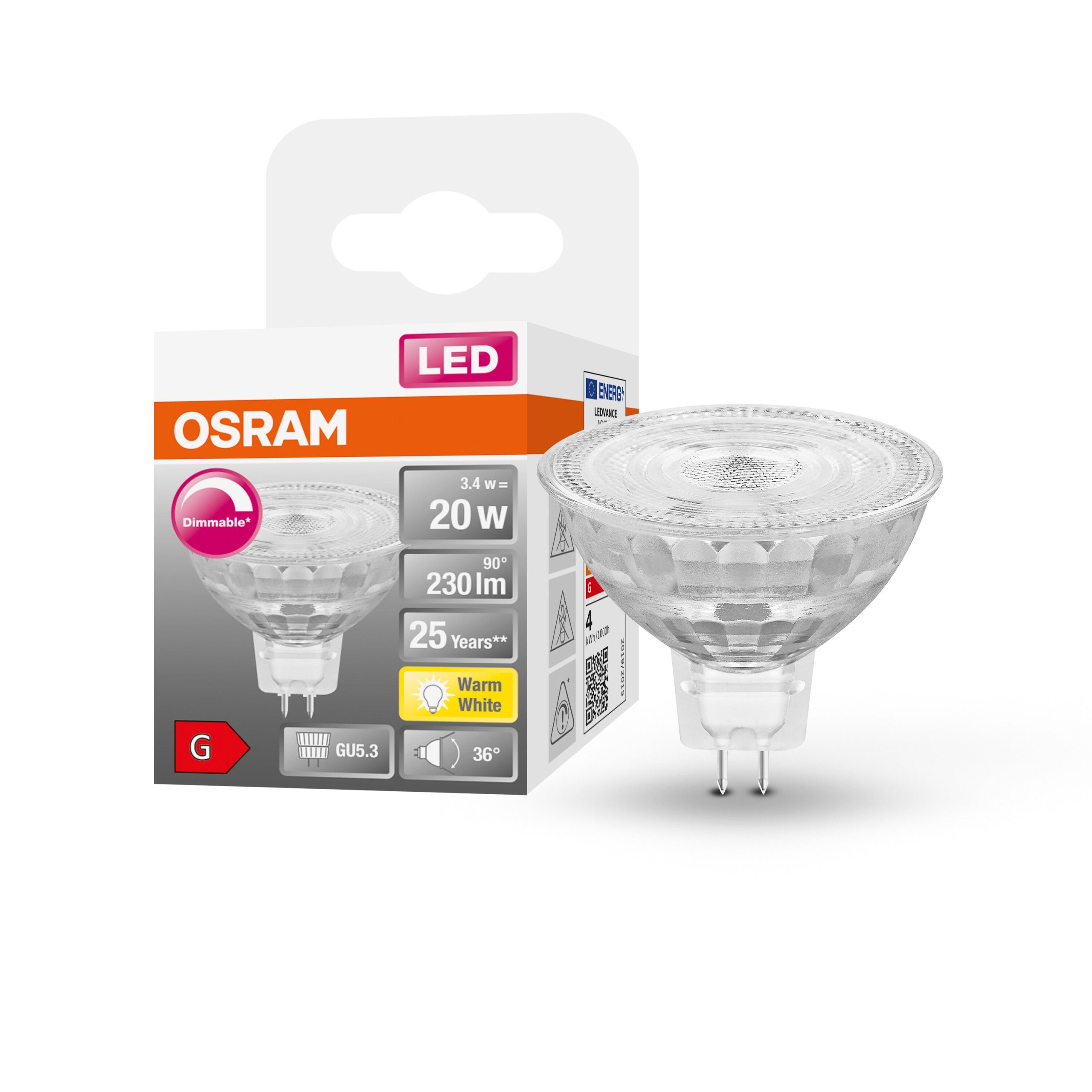 OSRAM Superstar lampe à réflecteur en verre clair, blanc chaud (2700K), 230 lumens, remplace les ampoules traditionnelles de 20W, dimmable GU5.3