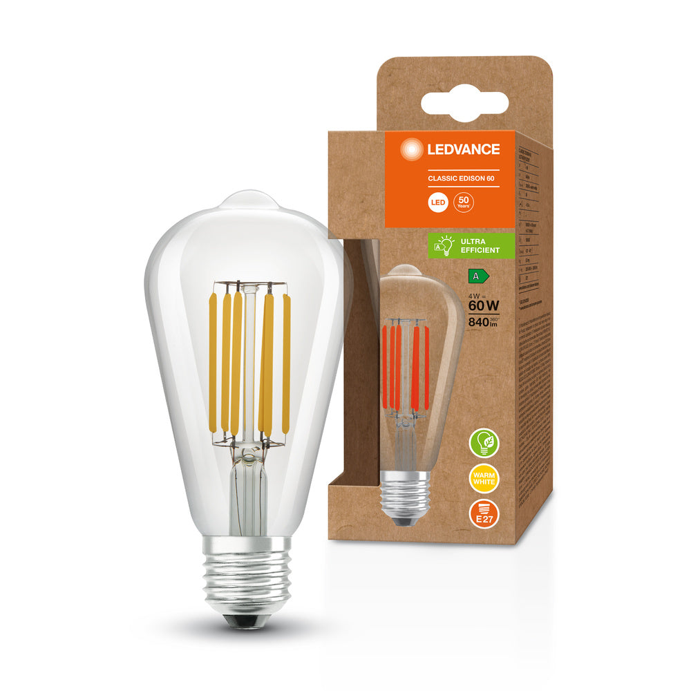 Lampe LED classe d&rsquo;efficacité énergétique A filament Edison, 4W/3000K, E27