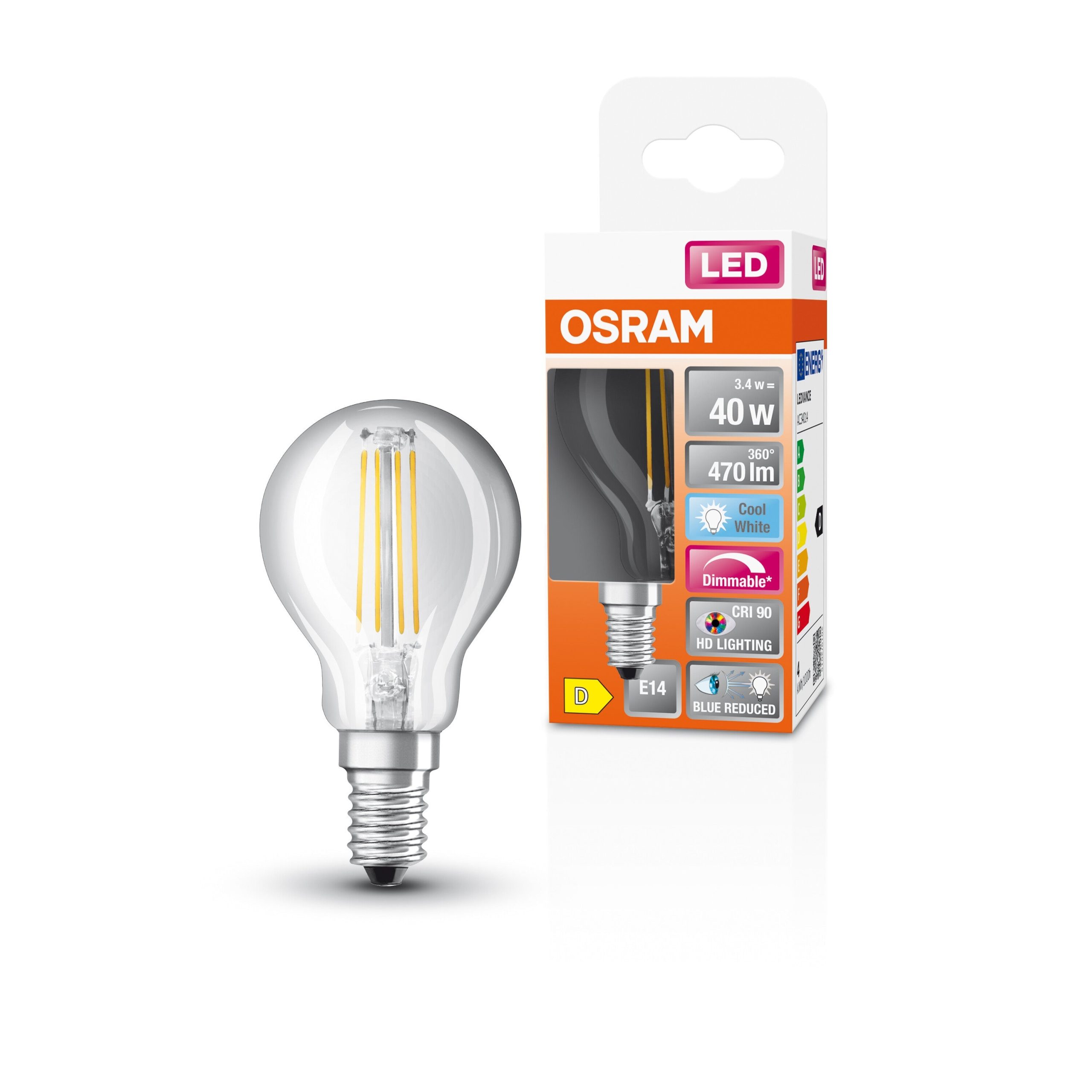 OSRAM FILAMENT ampoule LED SUPERSTAR+ CL P GL FR 40 dim 3,4W/927 E14 CRI90 BOX
