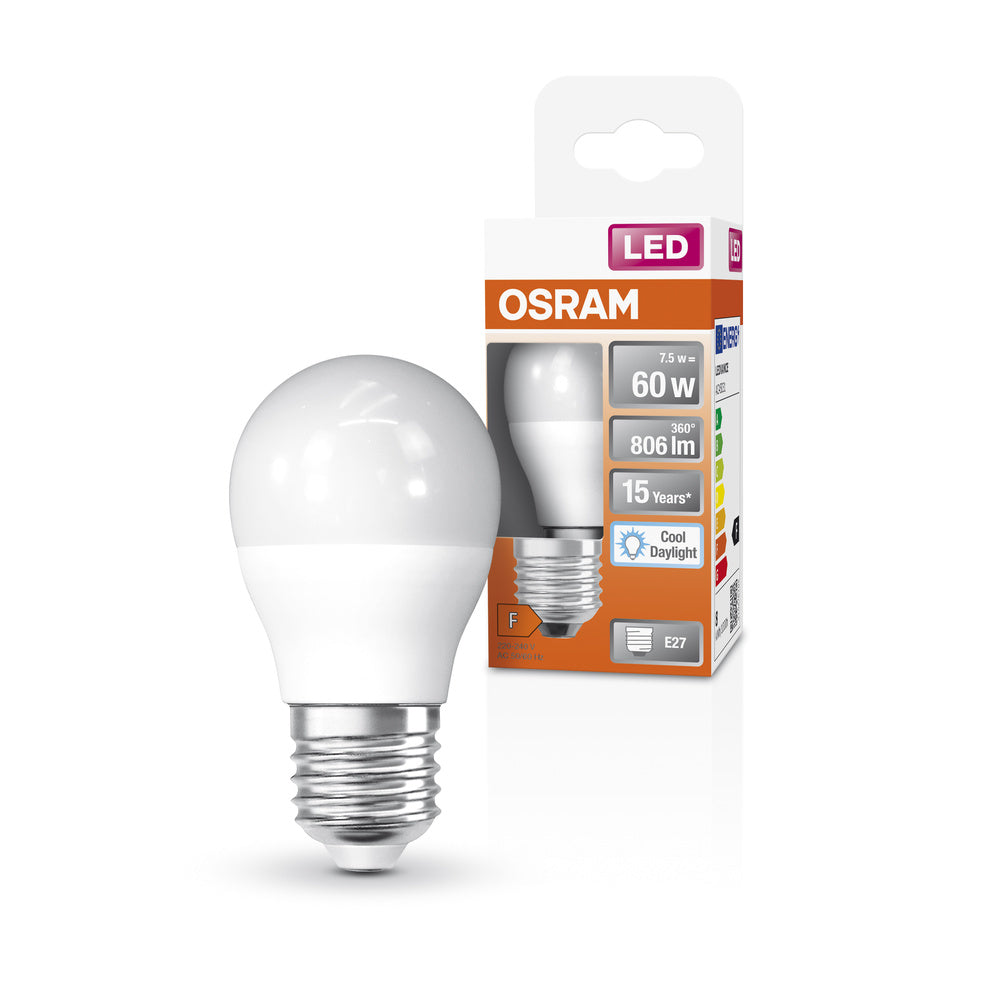 Ampoules LED OSRAM, forme miniature classique, remplacement de 60 watts, E27, P-shape, 6500 Kelvin, lumière du jour froide, mat, single pack