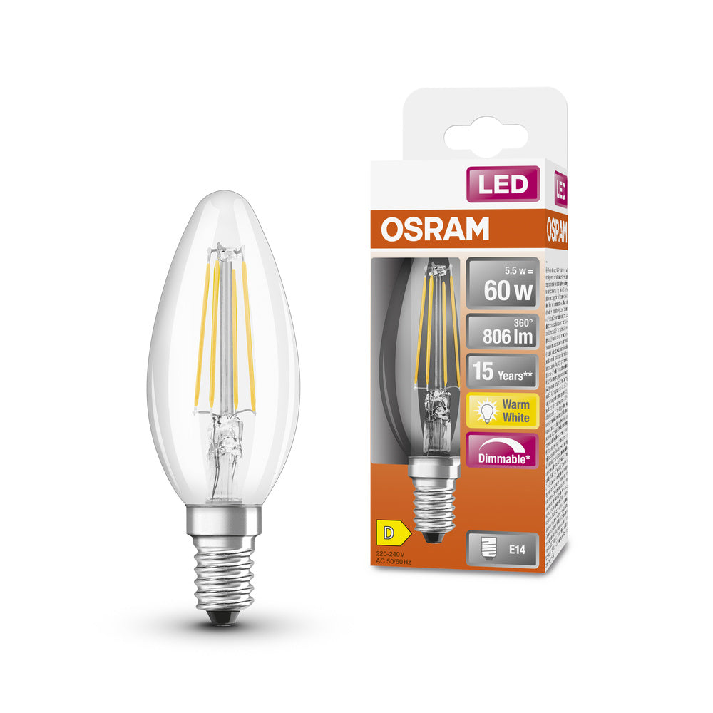 OSRAM Lampes LED à intensité variable, forme classique d&rsquo;ampoule, remplacement de 60 watts, E14, B-shape, 2700 Kelvin, blanc chaud, verre transparent