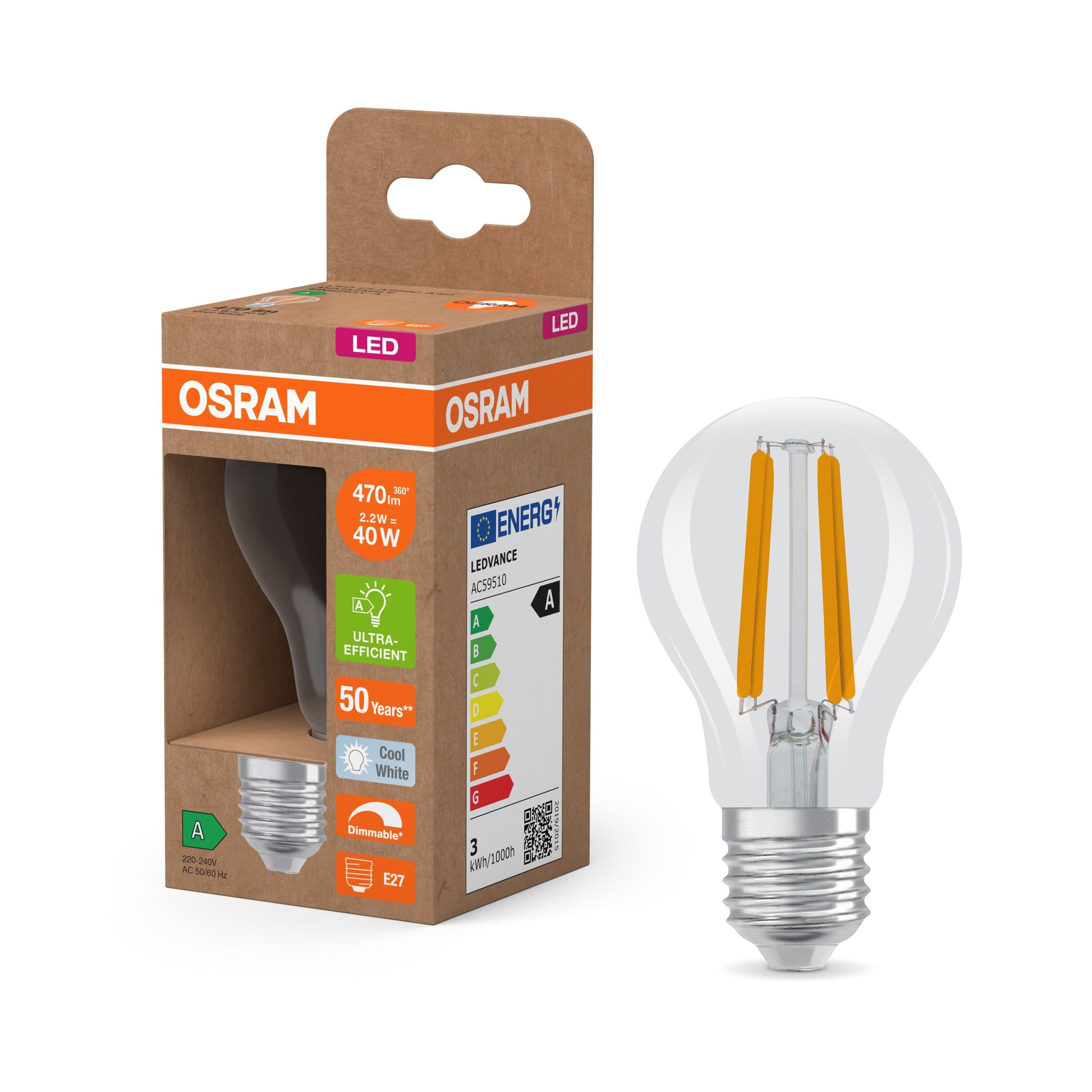 Lampe LED OSRAM Energy Class, forme d&rsquo;ampoule, 2,2W, Dépolie, E27