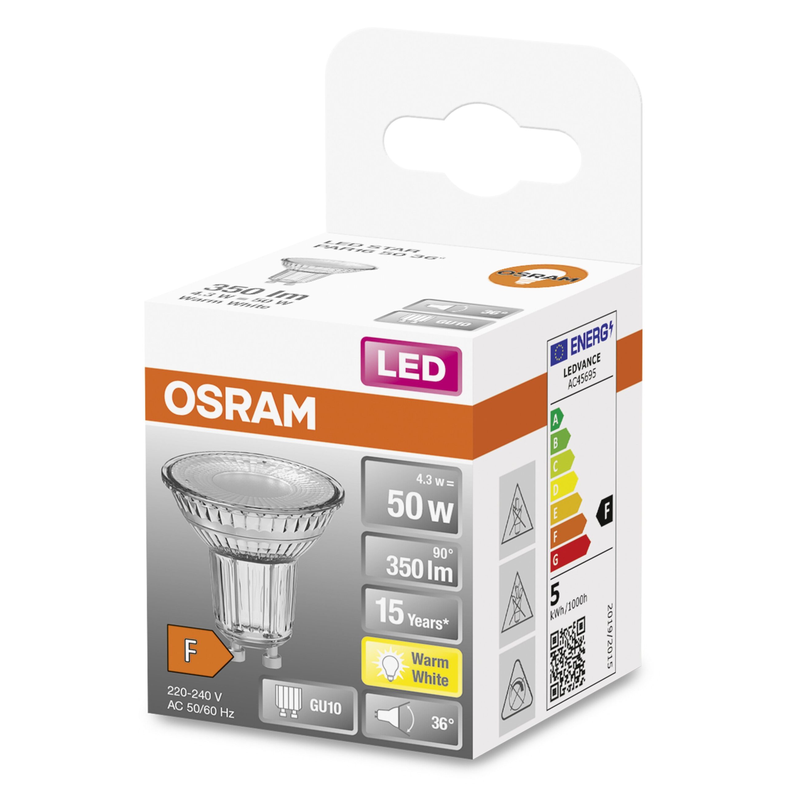 OSRAM LED STAR PAR16 Spot LED (ex 50W) 4,3W / 2700K Blanc chaud GU10