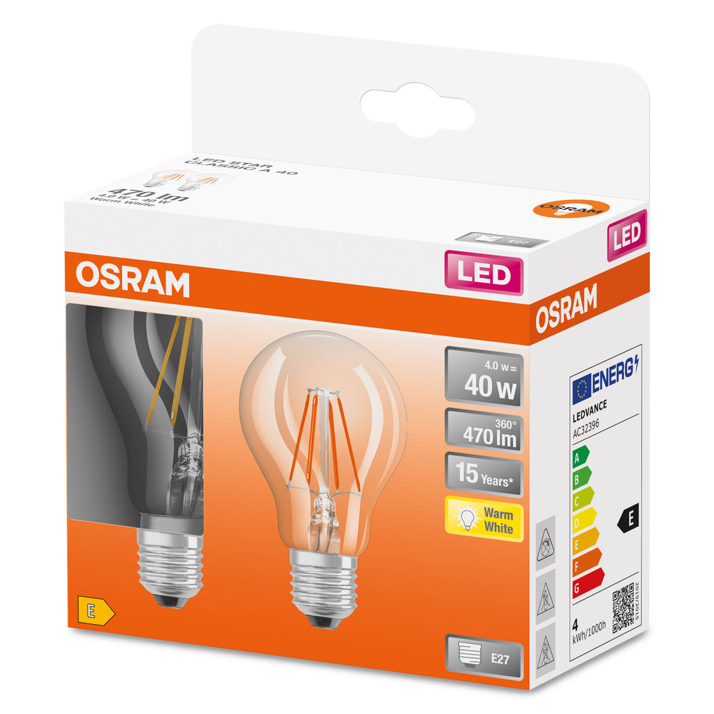 Ampoules LED OSRAM, forme classique en ampoule, remplacement de 40 watts, E27, A-shape, 2700 Kelvin, blanc chaud, verre transparent, pack de 2